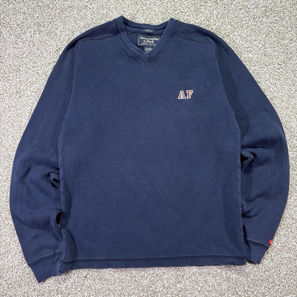 Vintage Abercrombie And Fitch Sweater Ribbed V Neck Navy Blue Sz Small USA Made